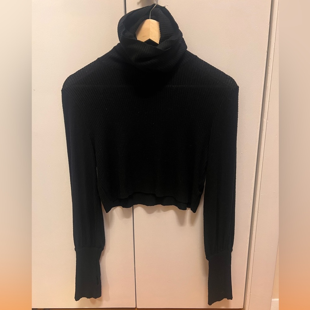 Joah Brown Cropped Ribbed Black Turtleneck with Thumbholes One Size